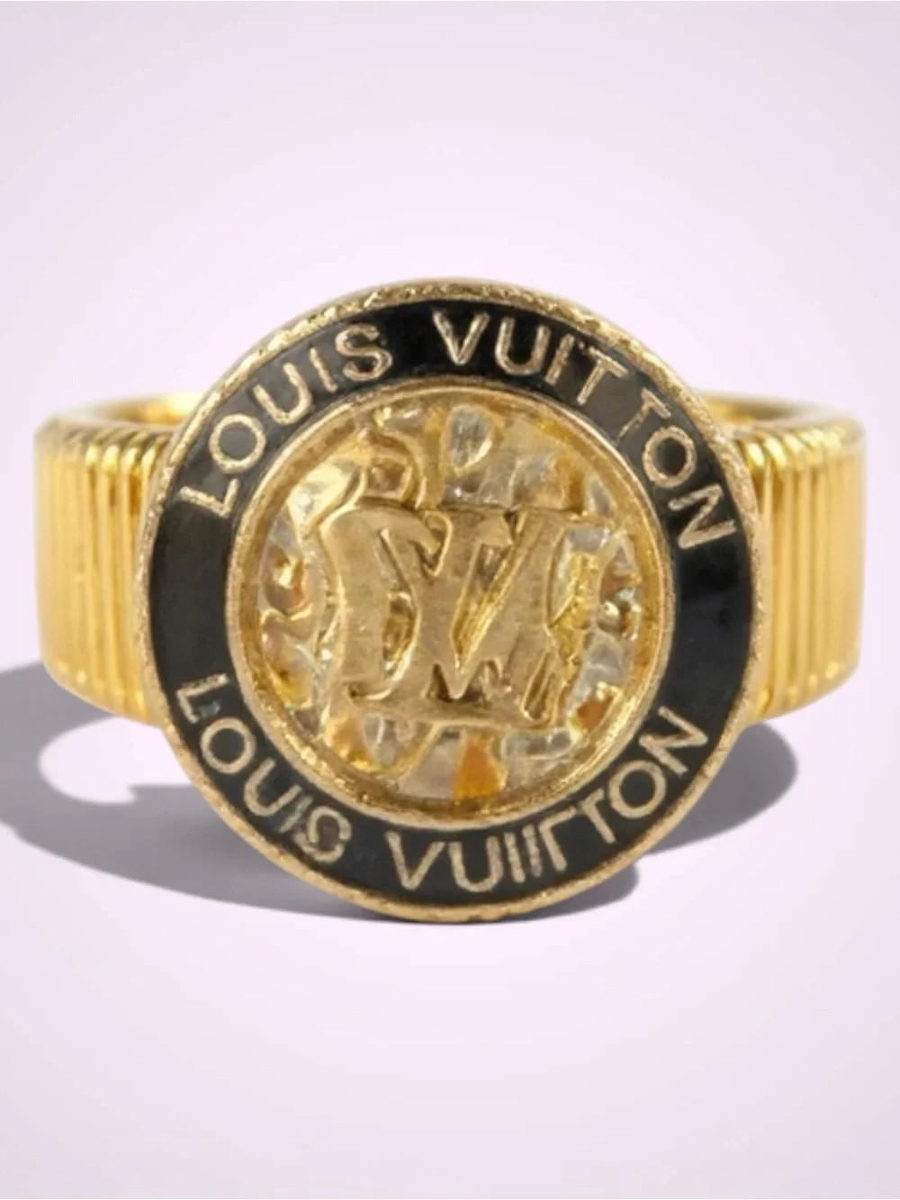 Gold & Black Upcycled Louis Vuitton Button LV Logo Ring